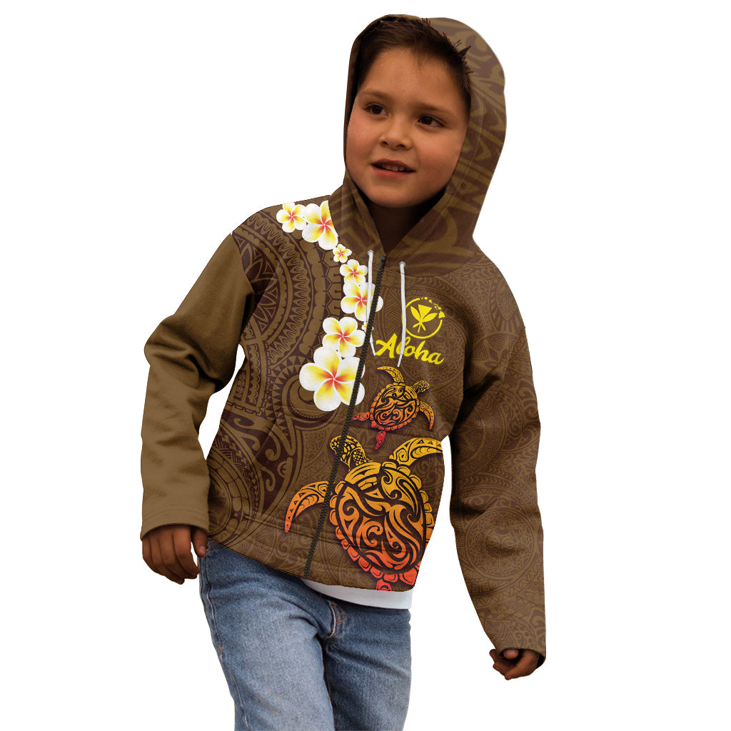 Hawaii Turtle Plumeria Flower Kid Hoodie Polynesian Pattern Brown Color
