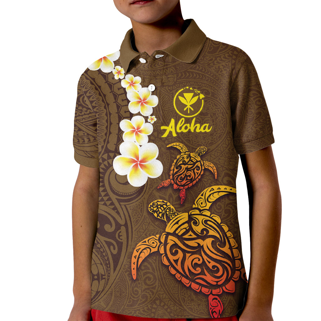 Hawaii Turtle Plumeria Flower Kid Polo Shirt Polynesian Pattern Brown Color