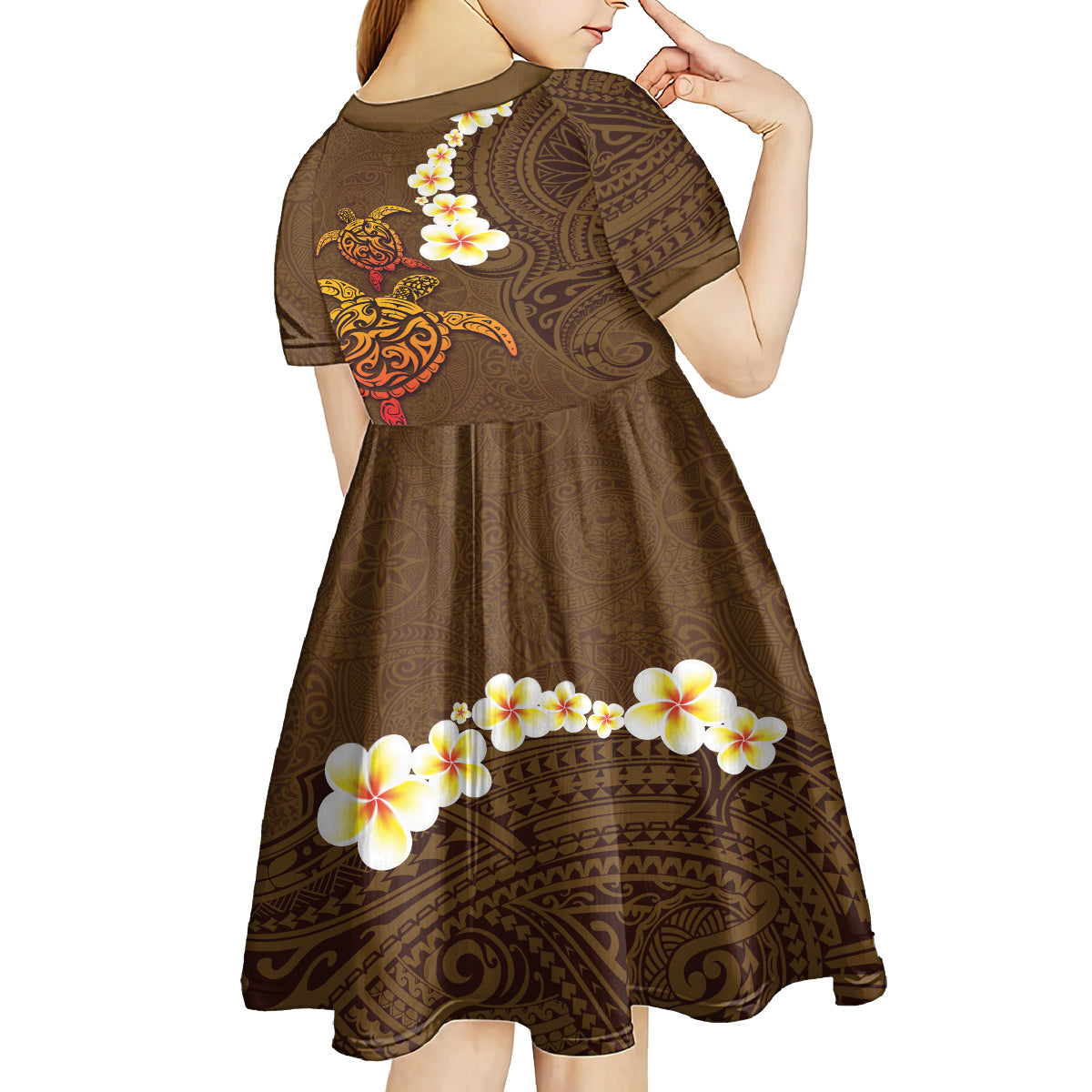 Hawaii Turtle Plumeria Flower Kid Short Sleeve Dress Polynesian Pattern Brown Color
