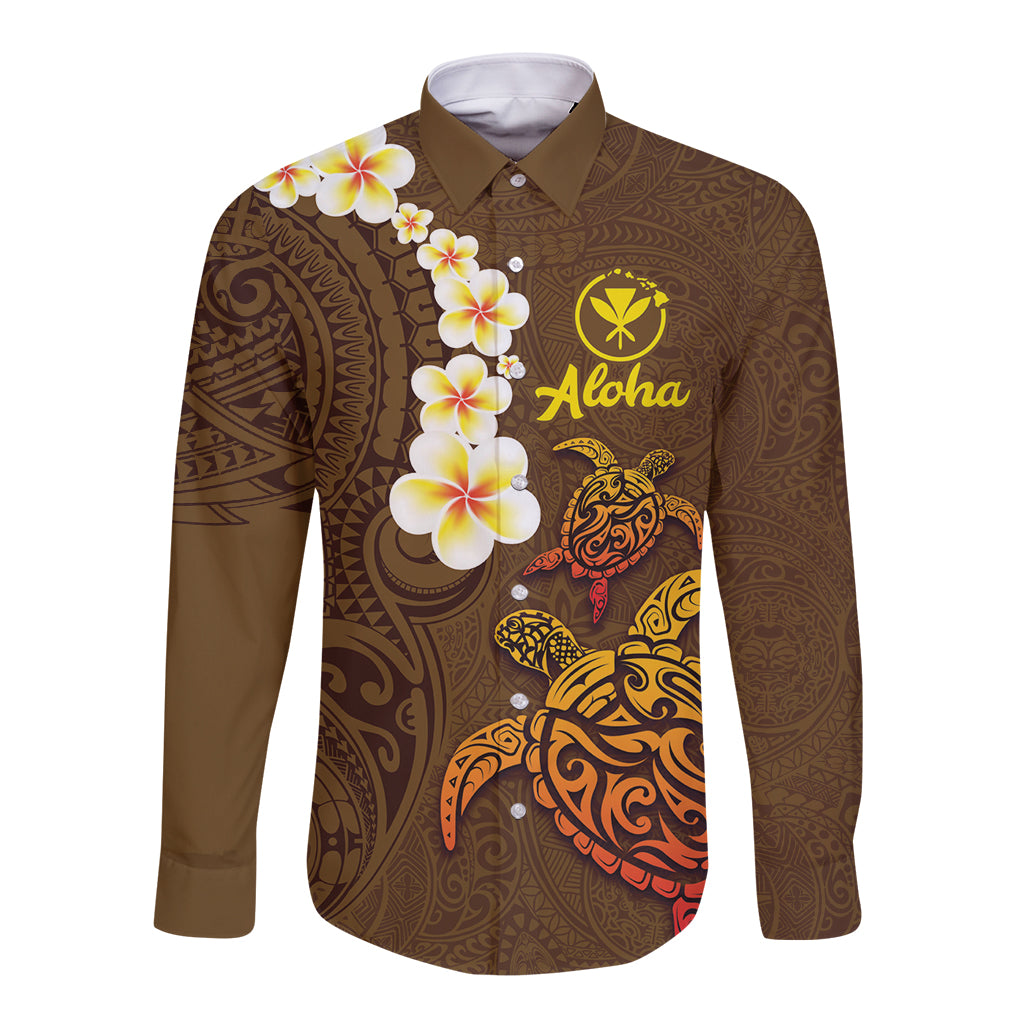 Hawaii Turtle Plumeria Flower Long Sleeve Button Shirt Polynesian Pattern Brown Color