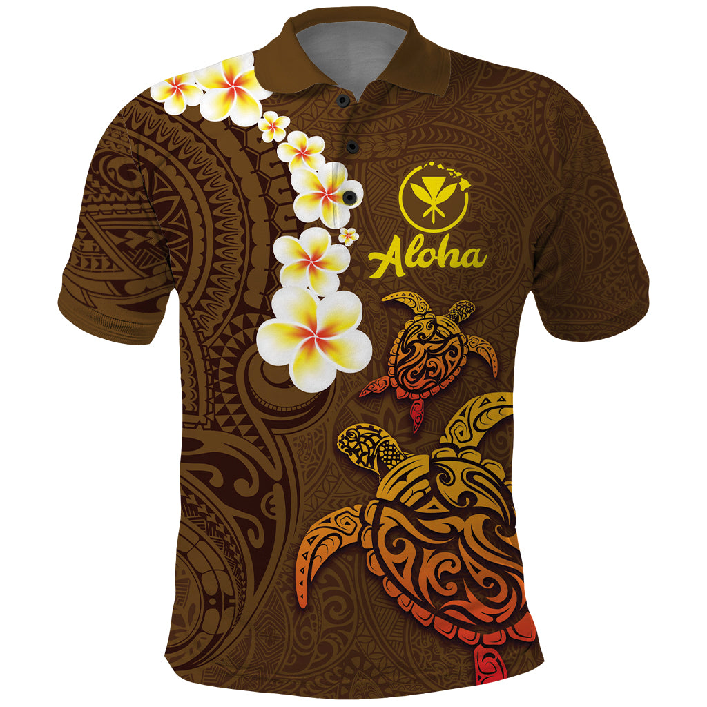 Hawaii Turtle Plumeria Flower Polo Shirt Polynesian Pattern Brown Color