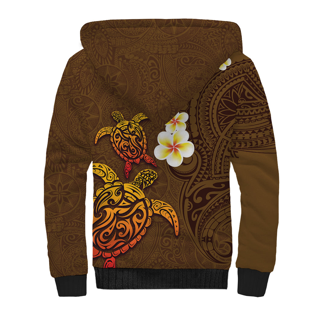 Hawaii Turtle Plumeria Flower Sherpa Hoodie Polynesian Pattern Brown Color