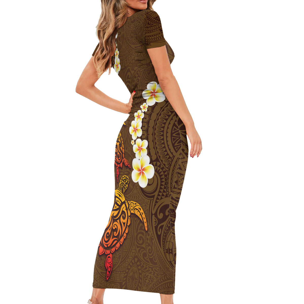 Hawaii Turtle Plumeria Flower Short Sleeve Bodycon Dress Polynesian Pattern Brown Color