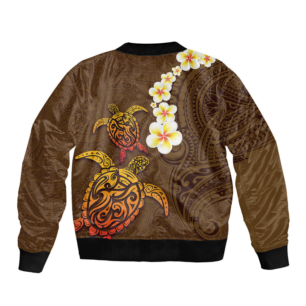 Hawaii Turtle Plumeria Flower Sleeve Zip Bomber Jacket Polynesian Pattern Brown Color