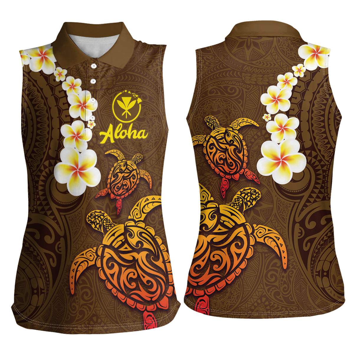 Hawaii Turtle Plumeria Flower Women Sleeveless Polo Shirt Polynesian Pattern Brown Color