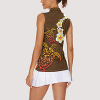 Hawaii Turtle Plumeria Flower Women Sleeveless Polo Shirt Polynesian Pattern Brown Color