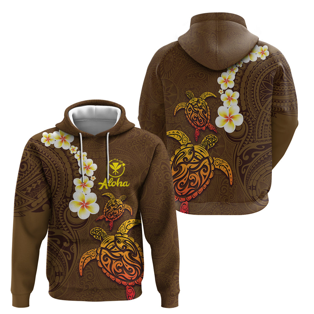 Hawaii Turtle Plumeria Flower Zip Hoodie Polynesian Pattern Brown Color