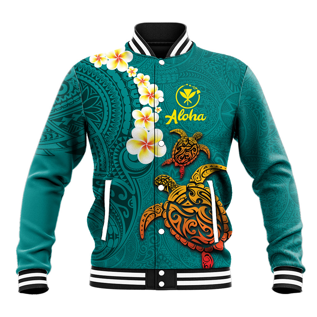 Hawaii Turtle Plumeria Flower Baseball Jacket Polynesian Pattern Turquoise Color LT03 Unisex Turquoise - Polynesian Pride
