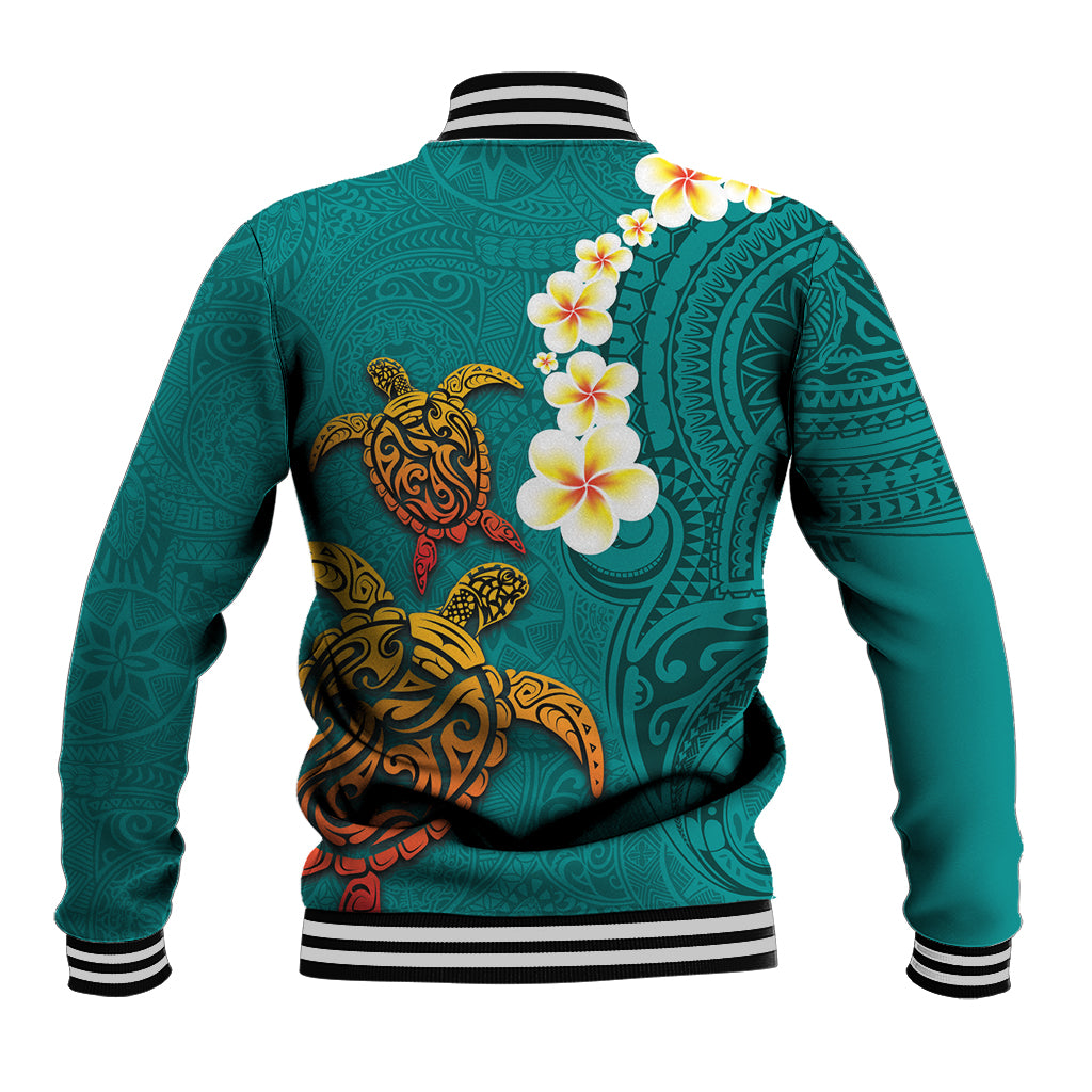 Hawaii Turtle Plumeria Flower Baseball Jacket Polynesian Pattern Turquoise Color LT03 - Polynesian Pride