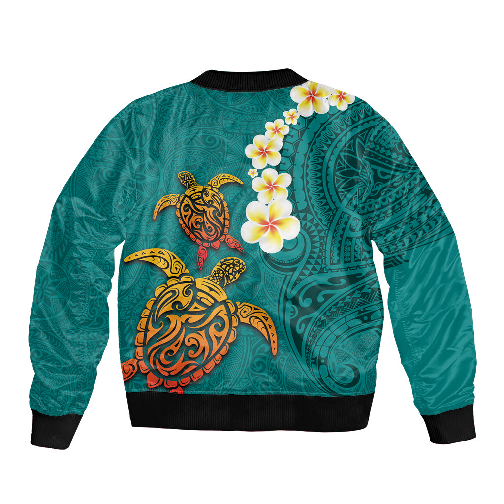 Hawaii Turtle Plumeria Flower Bomber Jacket Polynesian Pattern Turquoise Color