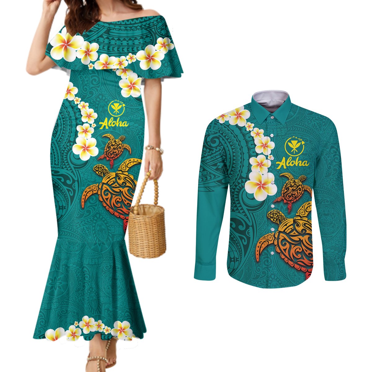 Hawaii Turtle Plumeria Flower Couples Matching Mermaid Dress and Long Sleeve Button Shirt Polynesian Pattern Turquoise Color LT03 Turquoise - Polynesian Pride