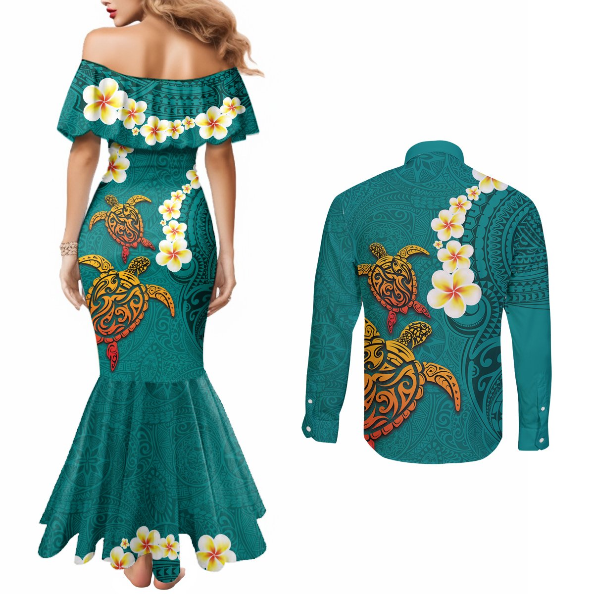 Hawaii Turtle Plumeria Flower Couples Matching Mermaid Dress and Long Sleeve Button Shirt Polynesian Pattern Turquoise Color LT03 - Polynesian Pride