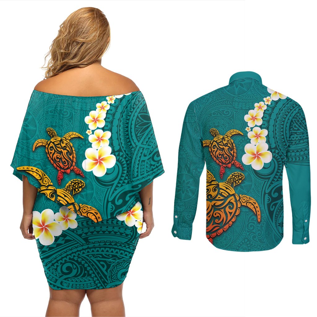 Hawaii Turtle Plumeria Flower Couples Matching Off Shoulder Short Dress and Long Sleeve Button Shirt Polynesian Pattern Turquoise Color