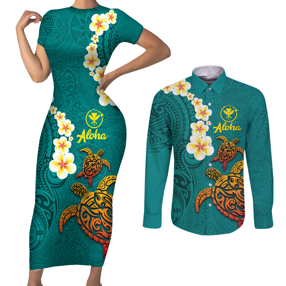 Hawaii Turtle Plumeria Flower Couples Matching Short Sleeve Bodycon Dress and Long Sleeve Button Shirt Polynesian Pattern Turquoise Color LT03 Turquoise - Polynesian Pride
