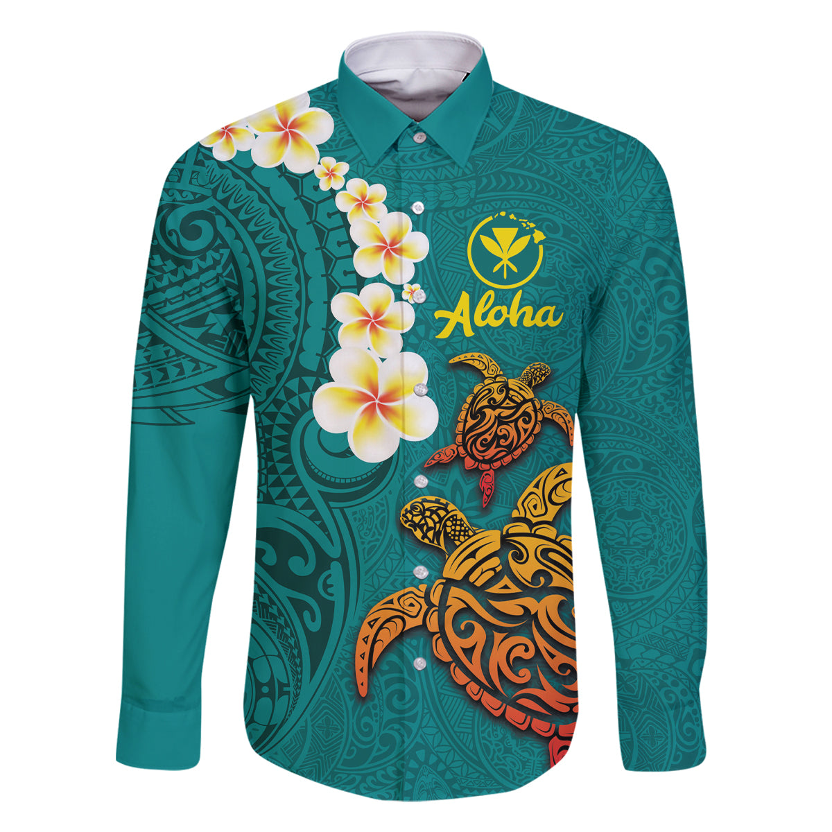 Hawaii Turtle Plumeria Flower Family Matching Off Shoulder Maxi Dress and Hawaiian Shirt Polynesian Pattern Turquoise Color LT03 Dad's Shirt - Long Sleeve Turquoise - Polynesian Pride