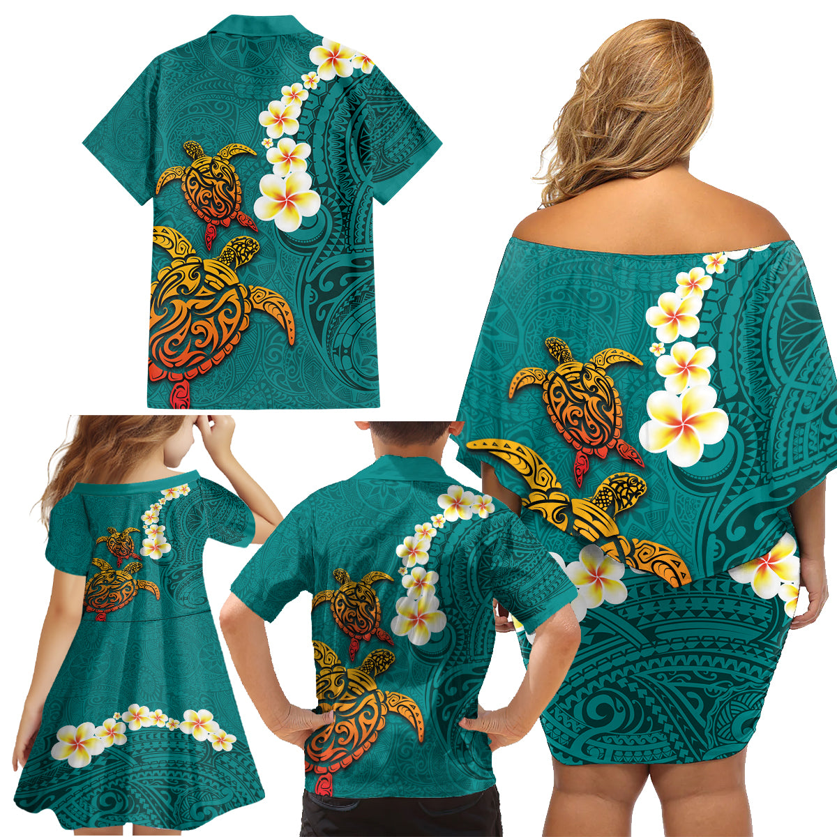Hawaii Turtle Plumeria Flower Family Matching Off Shoulder Short Dress and Hawaiian Shirt Polynesian Pattern Turquoise Color LT03 - Polynesian Pride