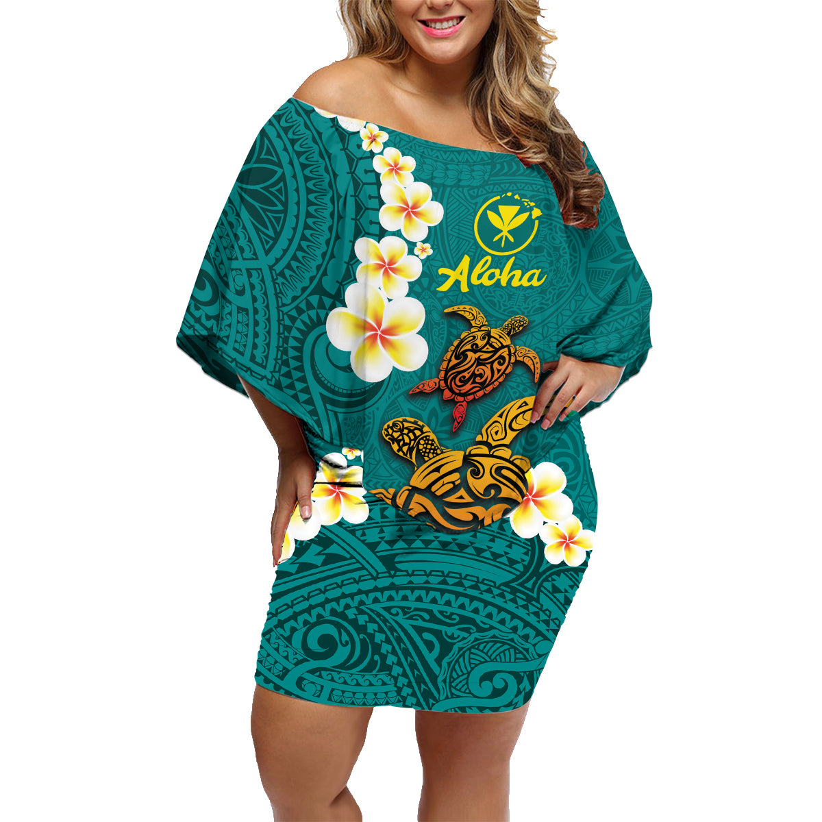 Hawaii Turtle Plumeria Flower Family Matching Off Shoulder Short Dress and Hawaiian Shirt Polynesian Pattern Turquoise Color LT03 Mom's Dress Turquoise - Polynesian Pride