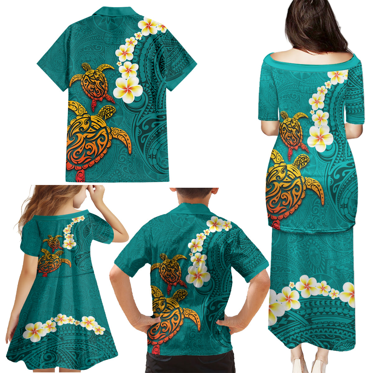 Hawaii Turtle Plumeria Flower Family Matching Puletasi and Hawaiian Shirt Polynesian Pattern Turquoise Color LT03 - Polynesian Pride