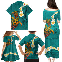 Hawaii Turtle Plumeria Flower Family Matching Puletasi and Hawaiian Shirt Polynesian Pattern Turquoise Color LT03 - Polynesian Pride