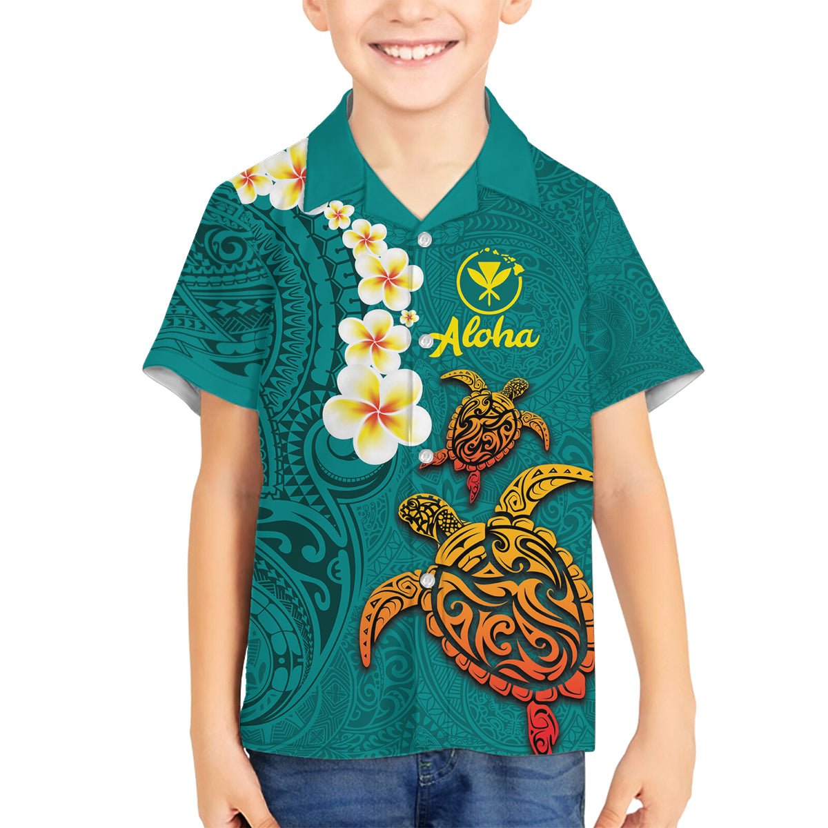 Hawaii Turtle Plumeria Flower Family Matching Puletasi and Hawaiian Shirt Polynesian Pattern Turquoise Color LT03 Son's Shirt Turquoise - Polynesian Pride