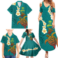 Hawaii Turtle Plumeria Flower Family Matching Summer Maxi Dress and Hawaiian Shirt Polynesian Pattern Turquoise Color LT03 - Polynesian Pride