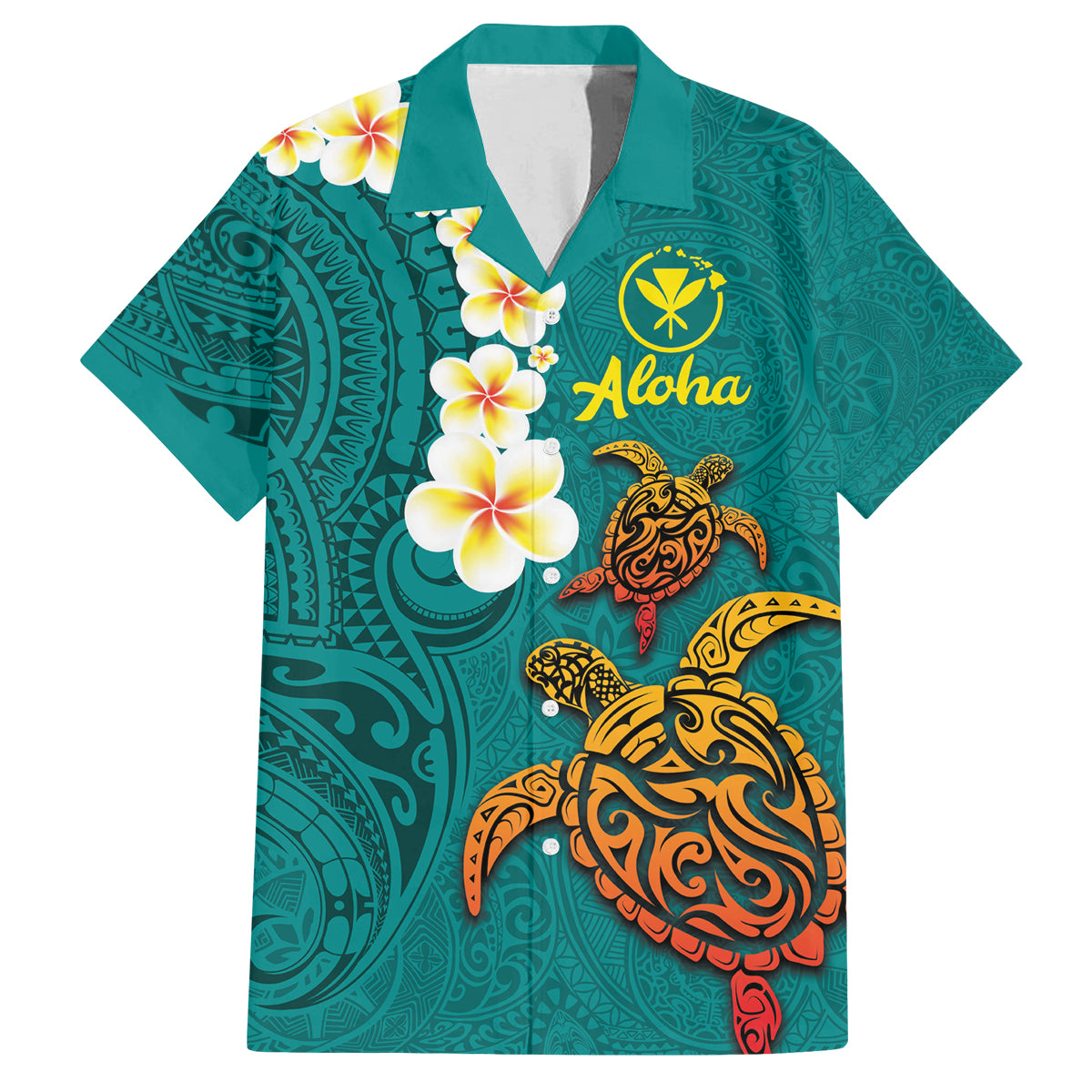 Hawaii Turtle Plumeria Flower Family Matching Summer Maxi Dress and Hawaiian Shirt Polynesian Pattern Turquoise Color LT03 Dad's Shirt - Short Sleeve Turquoise - Polynesian Pride