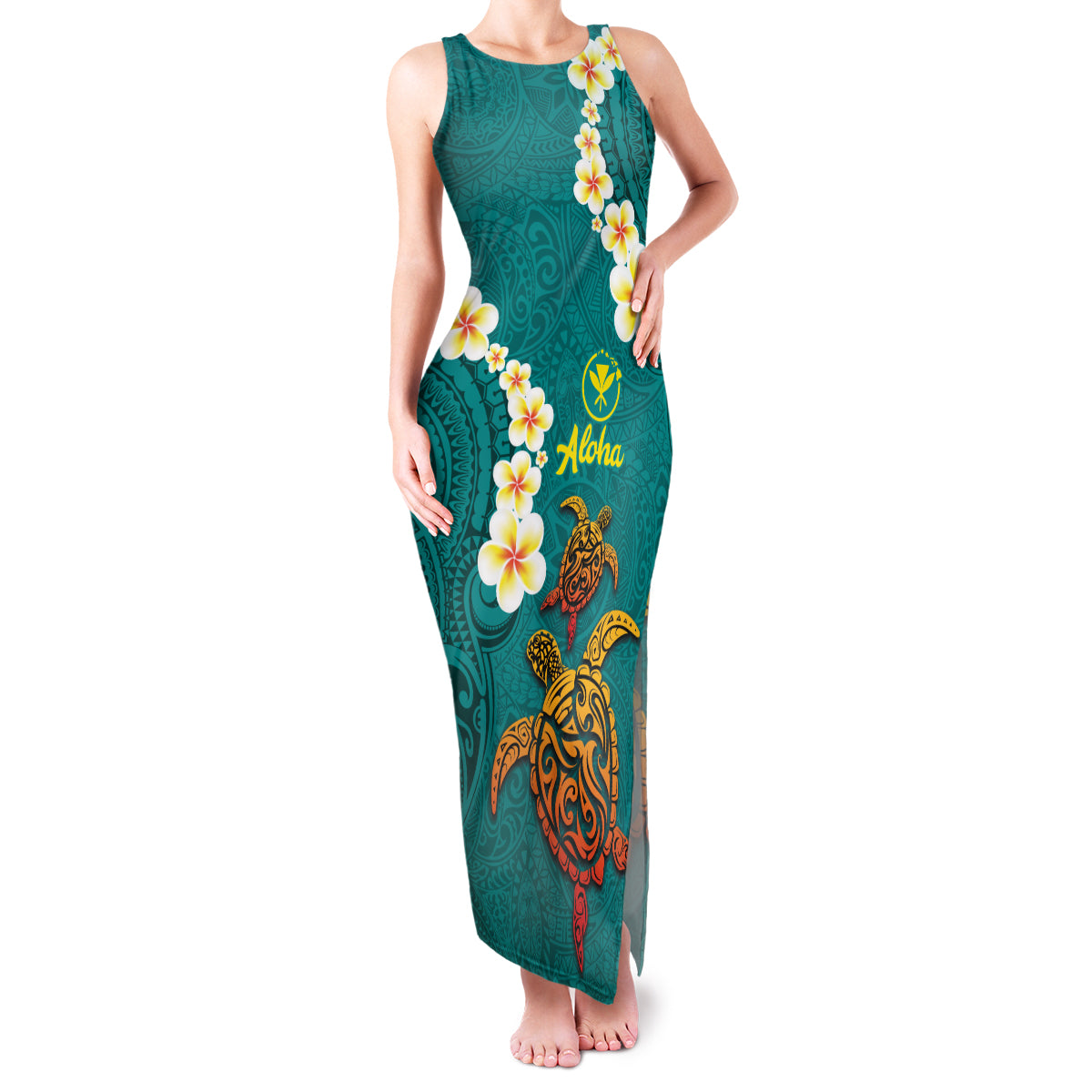 Hawaii Turtle Plumeria Flower Family Matching Tank Maxi Dress and Hawaiian Shirt Polynesian Pattern Turquoise Color