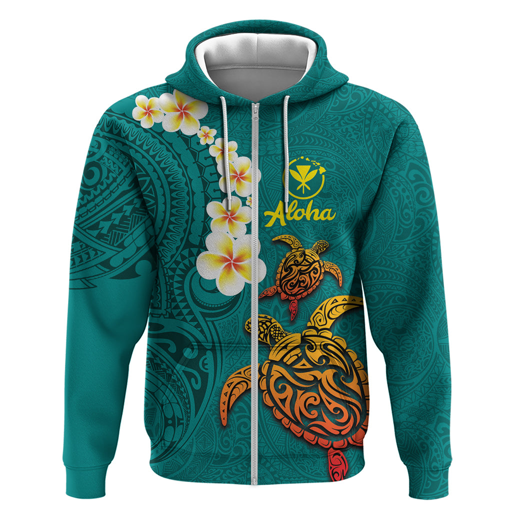Hawaii Turtle Plumeria Flower Hoodie Polynesian Pattern Turquoise Color