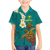 Hawaii Turtle Plumeria Flower Kid Hawaiian Shirt Polynesian Pattern Turquoise Color