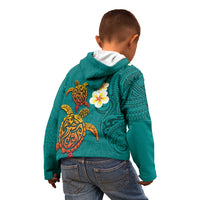 Hawaii Turtle Plumeria Flower Kid Hoodie Polynesian Pattern Turquoise Color