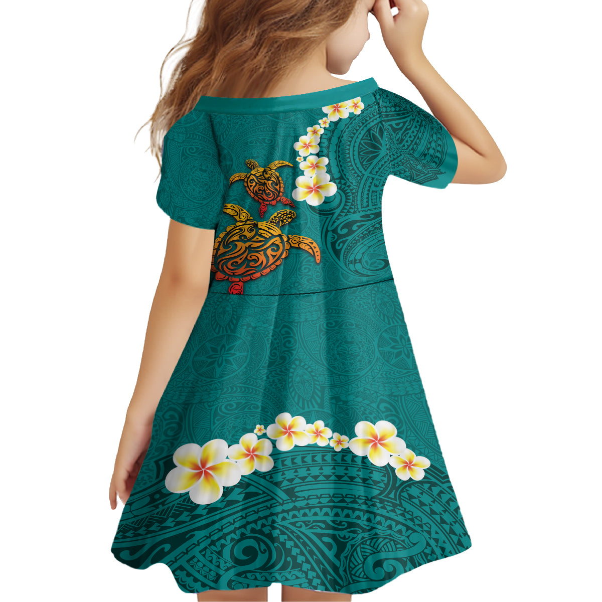 Hawaii Turtle Plumeria Flower Kid Short Sleeve Dress Polynesian Pattern Turquoise Color