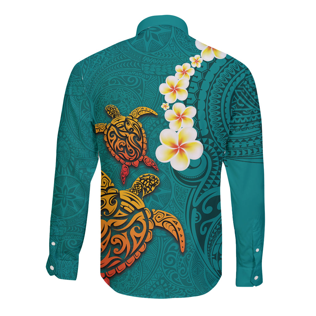 Hawaii Turtle Plumeria Flower Long Sleeve Button Shirt Polynesian Pattern Turquoise Color