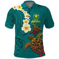 Hawaii Turtle Plumeria Flower Polo Shirt Polynesian Pattern Turquoise Color
