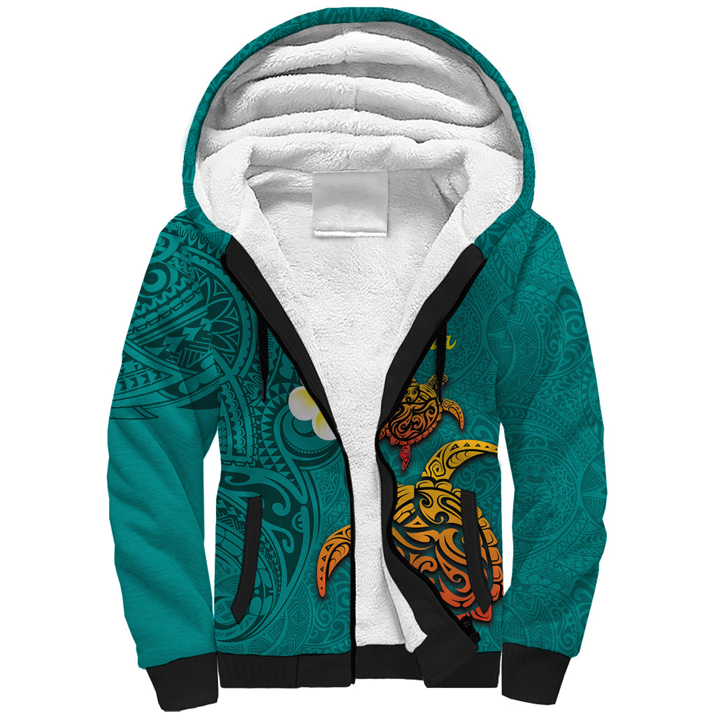 Hawaii Turtle Plumeria Flower Sherpa Hoodie Polynesian Pattern Turquoise Color
