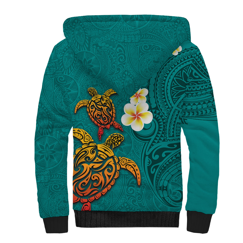 Hawaii Turtle Plumeria Flower Sherpa Hoodie Polynesian Pattern Turquoise Color