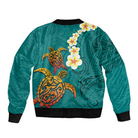 Hawaii Turtle Plumeria Flower Sleeve Zip Bomber Jacket Polynesian Pattern Turquoise Color
