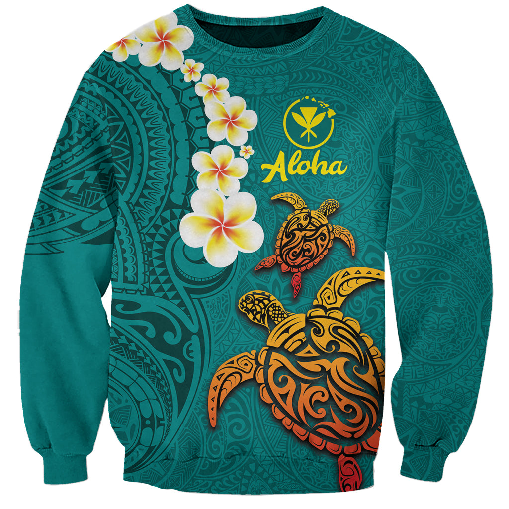 Hawaii Turtle Plumeria Flower Sweatshirt Polynesian Pattern Turquoise Color