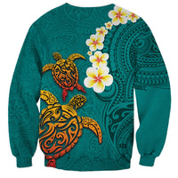 Hawaii Turtle Plumeria Flower Sweatshirt Polynesian Pattern Turquoise Color