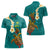 Hawaii Turtle Plumeria Flower Women Polo Shirt Polynesian Pattern Turquoise Color