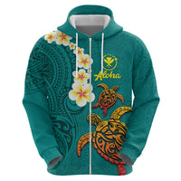 Hawaii Turtle Plumeria Flower Zip Hoodie Polynesian Pattern Turquoise Color