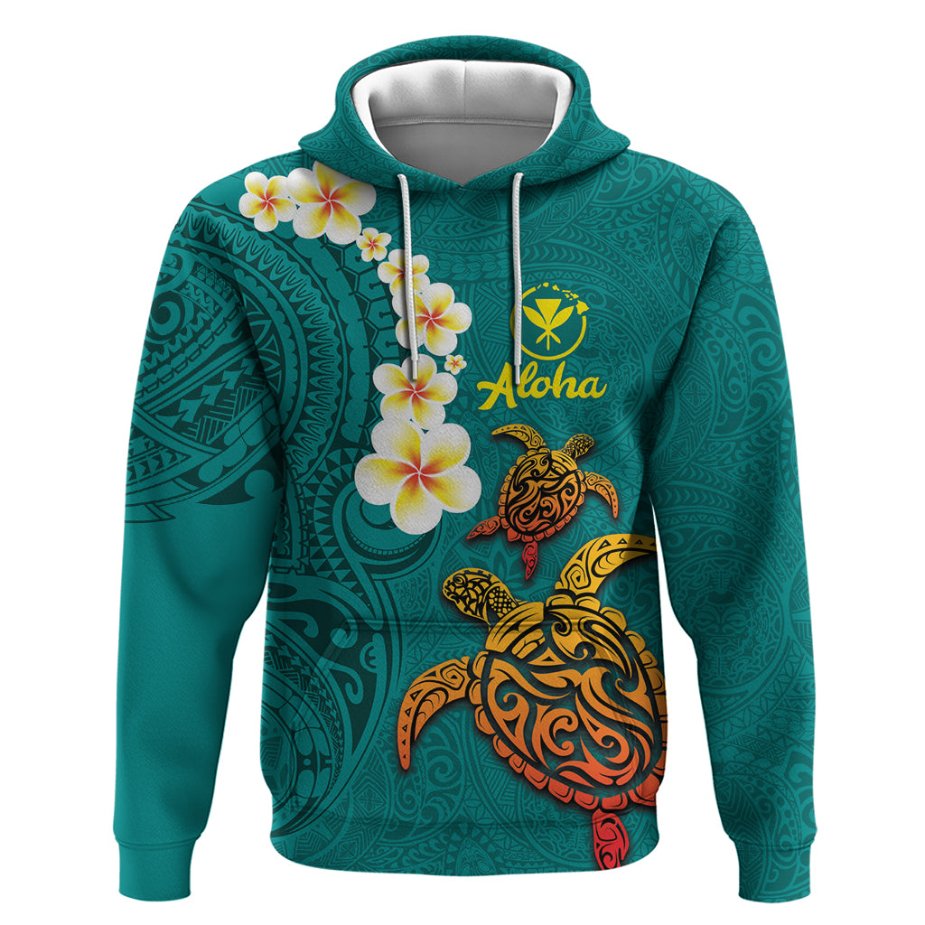 Hawaii Turtle Plumeria Flower Zip Hoodie Polynesian Pattern Turquoise Color