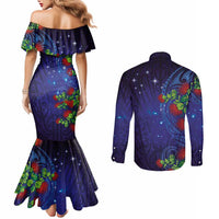 Matariki New Zealand Maori and Pohutukawa Couples Matching Mermaid Dress and Long Sleeve Button Shirt Galaxy Blue Sky Style