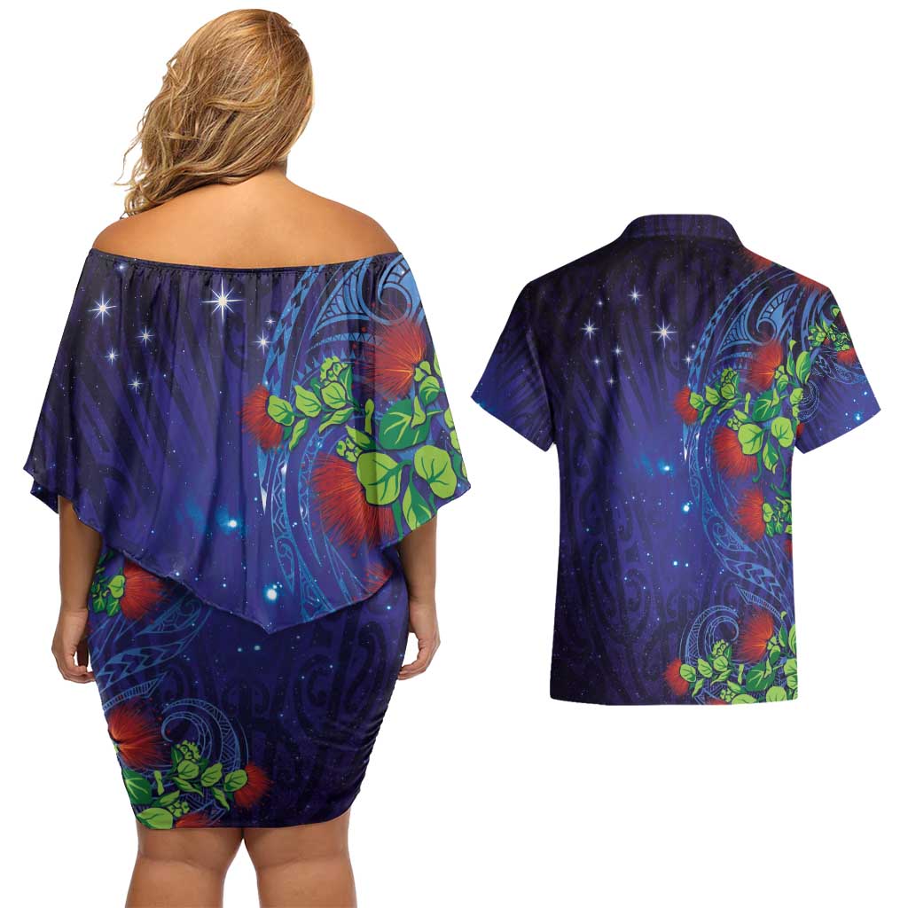 Matariki New Zealand Maori and Pohutukawa Couples Matching Off Shoulder Short Dress and Hawaiian Shirt Galaxy Blue Sky Style