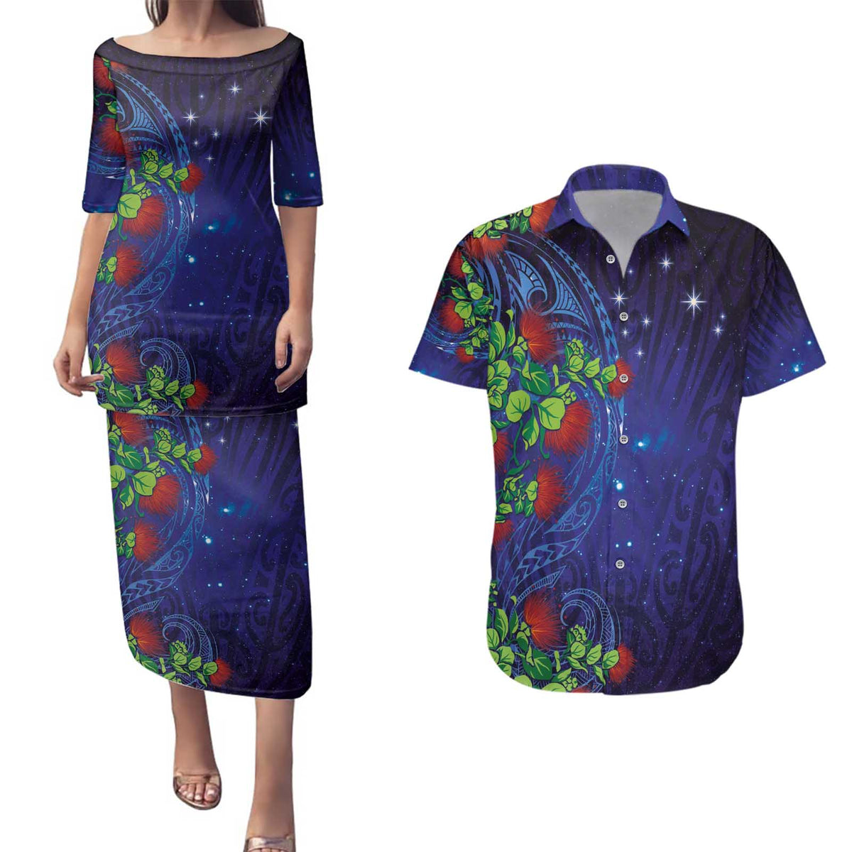 Matariki New Zealand Maori and Pohutukawa Couples Matching Puletasi and Hawaiian Shirt Galaxy Blue Sky Style