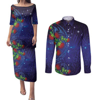 Matariki New Zealand Maori and Pohutukawa Couples Matching Puletasi and Long Sleeve Button Shirt Galaxy Blue Sky Style LT03 Blue - Polynesian Pride