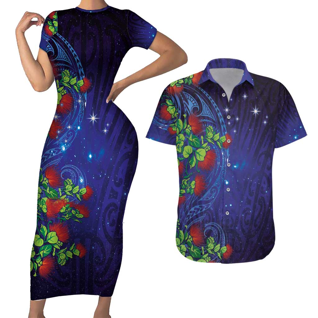 Matariki New Zealand Maori and Pohutukawa Couples Matching Short Sleeve Bodycon Dress and Hawaiian Shirt Galaxy Blue Sky Style
