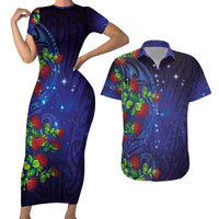 Matariki New Zealand Maori and Pohutukawa Couples Matching Short Sleeve Bodycon Dress and Hawaiian Shirt Galaxy Blue Sky Style