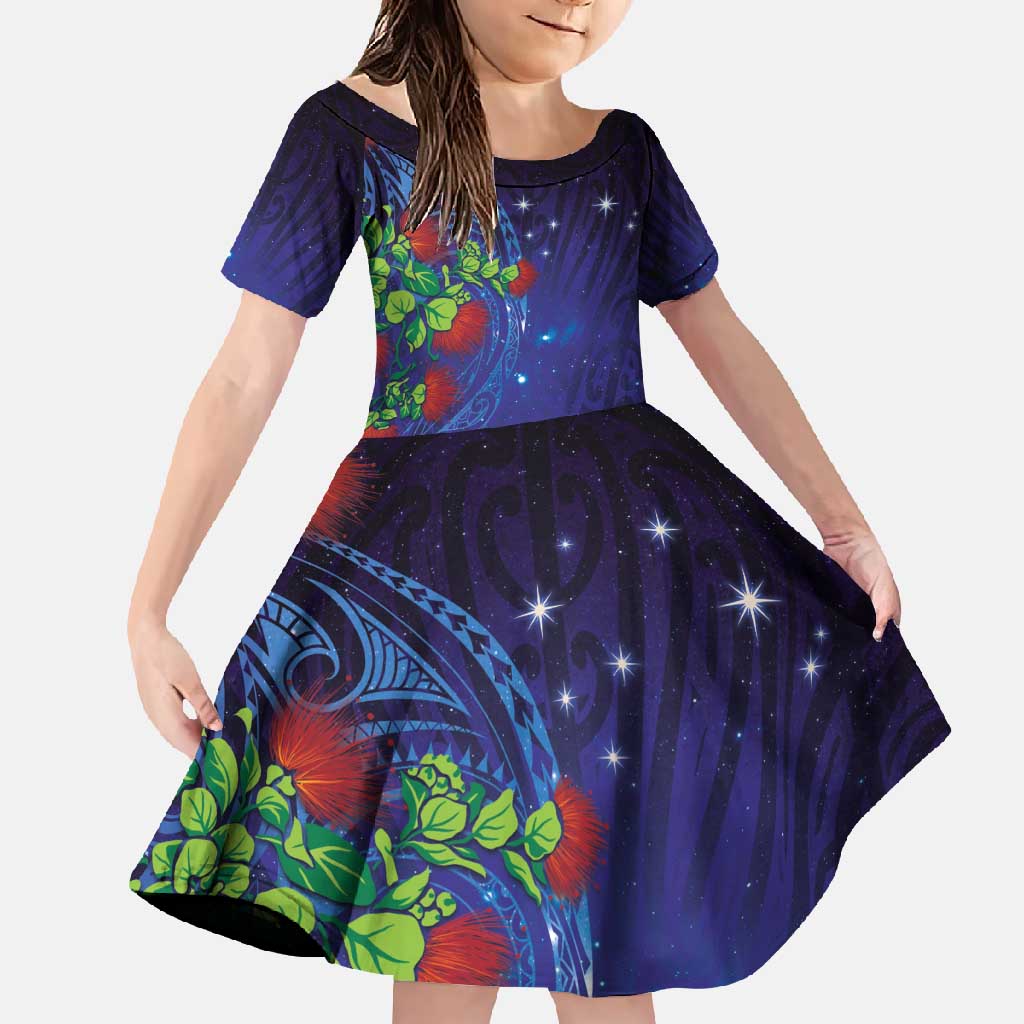 Matariki New Zealand Maori and Pohutukawa Family Matching Off Shoulder Maxi Dress and Hawaiian Shirt Galaxy Blue Sky Style