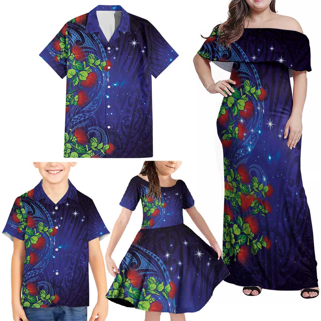 Matariki New Zealand Maori and Pohutukawa Family Matching Off Shoulder Maxi Dress and Hawaiian Shirt Galaxy Blue Sky Style