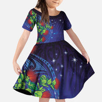 Matariki New Zealand Maori and Pohutukawa Family Matching Puletasi and Hawaiian Shirt Galaxy Blue Sky Style LT03 Daughter's Dress Blue - Polynesian Pride